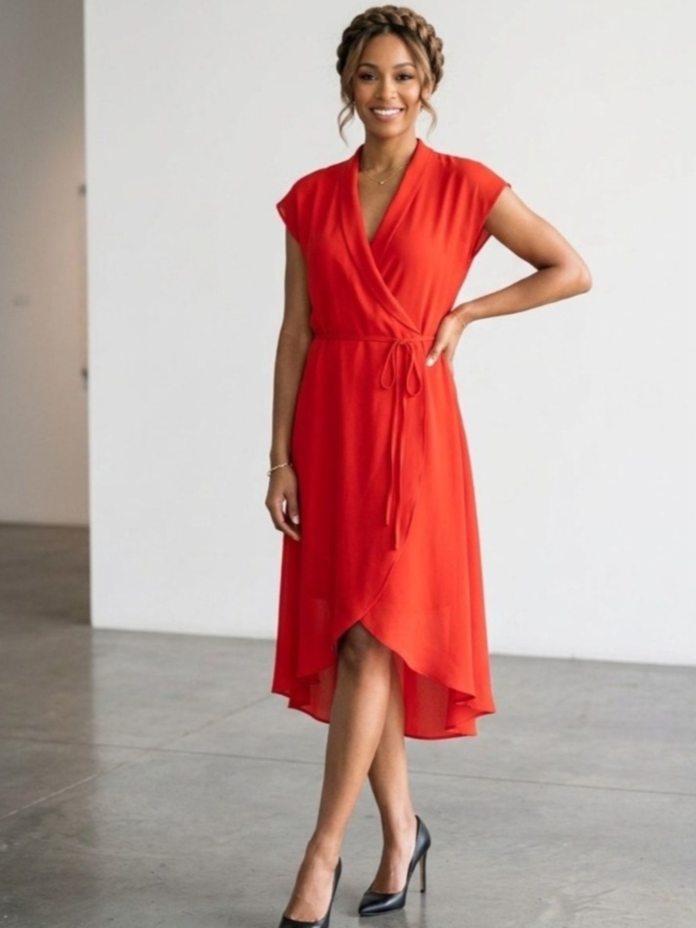Zara Red Wrap Midi Dress with Tie Waist. Size XS